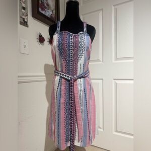 Striped Pink and Blue Women's Dress with Blue Navy Broidery.